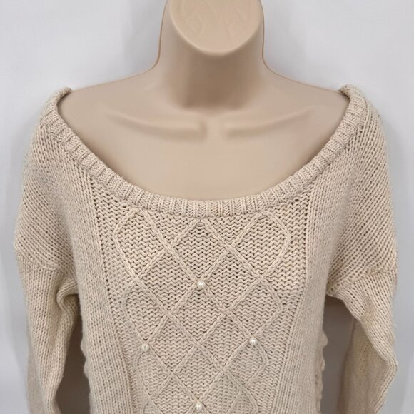 Stussy Knit Sweater Womens Medium Cream Cotton Wool Blend Pearl Detail Vintage - Picture 2 of 8